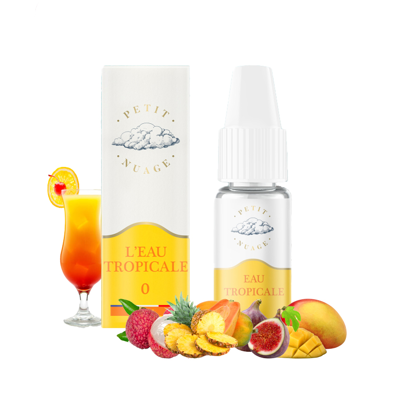 E-liquide l'eau tropicale 10ml Petit Nuage avec sa fiole graduée et son cocktail de fruit tropical oasis